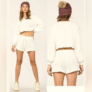 PORCELAIN WHITE CABLE RIB STITCH CROP TOP/MINI SHORT 2PC SET small